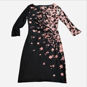 Anne Klein Floral Ruched Sheath Midi Dress Sz 4 Black W/Pink Flowers 3/4 Sleeve